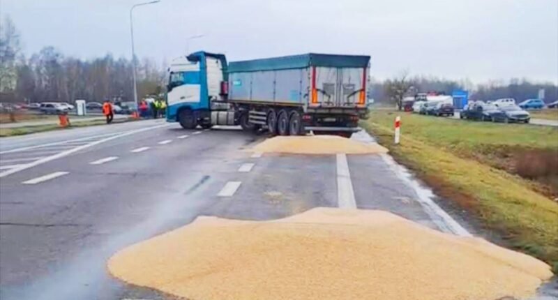 На кордоні поблизу Ягодина польські фермери висипали зерно з кількох українських вантажівок